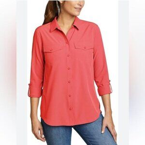 Eddie Bauer Womens XL Coral Button-Up Shirt With 3/4 Sleeves & Front Pockets